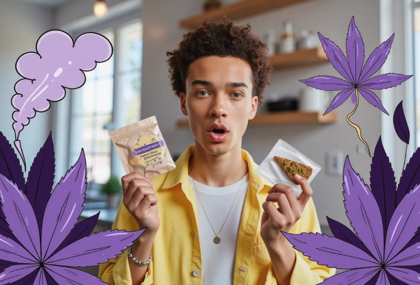 a curious young adult (21-35) in a modern, trendy kitchen holding a small cannabis edible package in one hand and a high-THC edible package in the other, with a playful expression as if weighing options