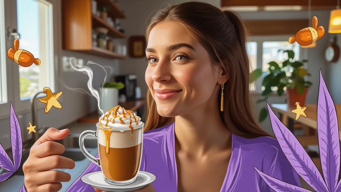Millennial woman pouring cannabis caramel coffee with melting canna-butter in cozy kitchen, surrounded by illustrated purple cannabis leaves and smoke