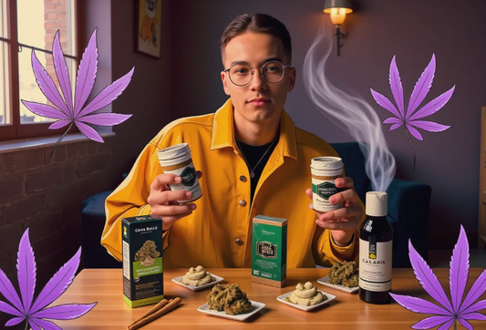 a vibrant young adult in a cozy urban loft, confidently holding a variety of cannabis products (flowers, pre-rolls, and edibles) artfully arranged on a wooden table, illuminated by warm, golden-hour light