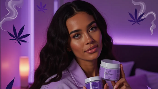 a confident woman in a stylish, dimly lit bedroom, holding a sleek bottle of CBD topical cream and a THC suppository package, with a soft, sensual ambiance created by candlelight and velvet textures