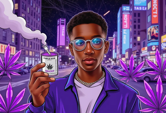  a confident young adult in a vibrant urban setting, holding a sleek Purple Rose Supply CannaMold with a cannabis joint, standing in front of a neon-lit cityscape at dusk