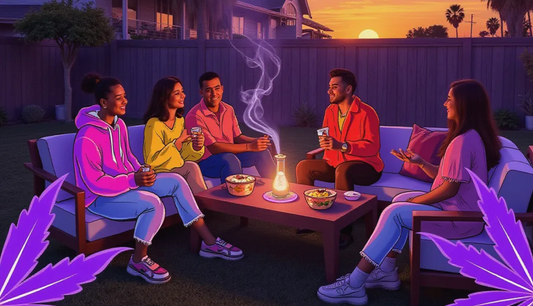 Young adults at a rooftop cannabis party enjoying cannagars and THC mocktails surrounded by purple cannabis illustrations
