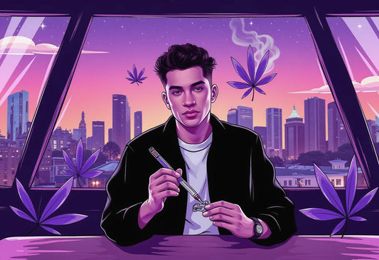 a confident young smoker in a vibrant urban loft, casually using a Purple Rose Supply CannaMold to craft a perfect cannagar, with a sleek city skyline at dusk in the background