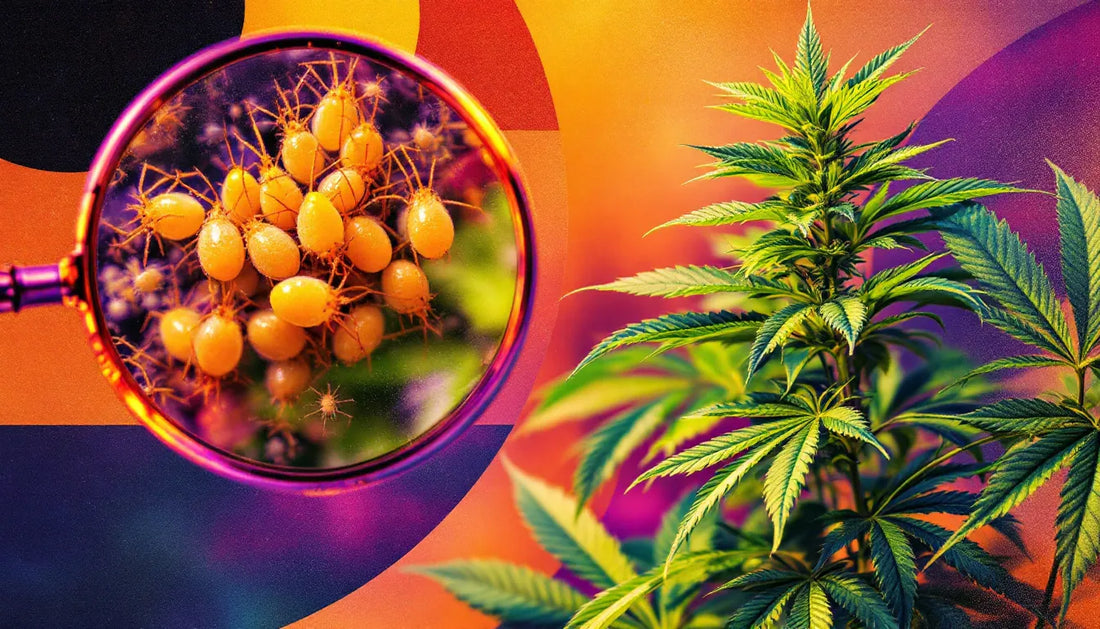 Cannabis plant with beneficial insects like ladybugs and parasitic wasps controlling pests naturally.