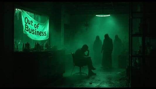 Distressed cannabis business owner in an empty dispensary with an 'Out of Business' sign, highlighting financial struggles in the industry.