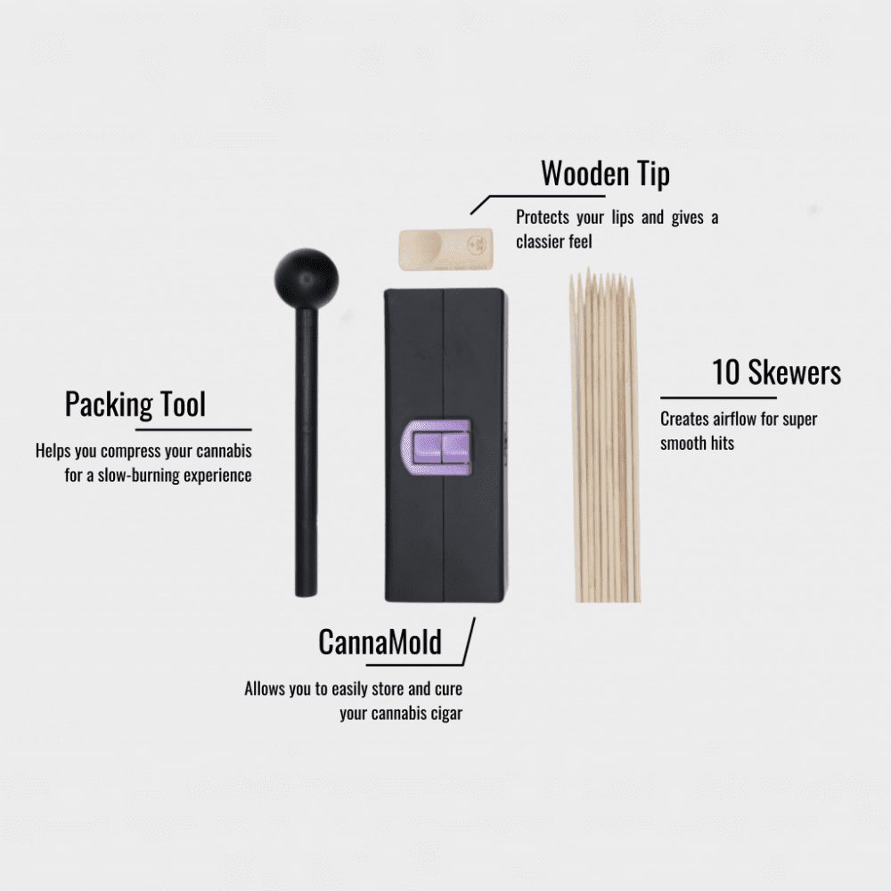 2-4g PersonalCannaMold Kit allows you to easily store and cure your cannabis cigar. Comes withblunt packing tool - helps you compress your cannabis for a slow-burning experience, wood tips for blunts to protect your lips and give a classier feels, as well as 10 skewers to create air flow for super smooth hits.
