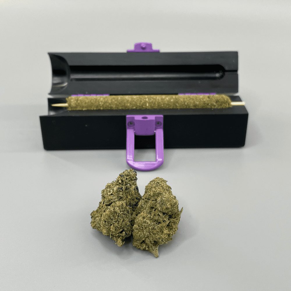 Personal-sized cannagar blunt machine from Purple Rose Supply displayed open showcasing a packed and cured weed cigar with two cannabis flower nugs in the foreground.