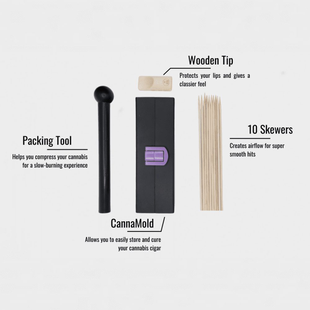 Large CannaMold allows you to easily store and cure your cannabis cigar. Packing Tool helps you compress your cannabis for a slow burning experience. Wooden Tip protects your lips and gives a classier feel. 10 Skewers creates airflow for super smooth hits.