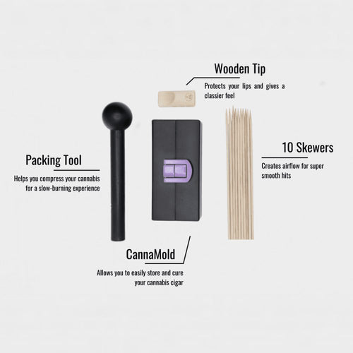 CannaMold Kit allows you to easily store and cure your cannabis cigar. Comes with blunt packing tool - helps you compress your cannabis for a slow-burning experience. Includes wood tips for blunts to protect your lips and give a classier feel, as well as 10 skewers to create air flow for super smooth hits.
