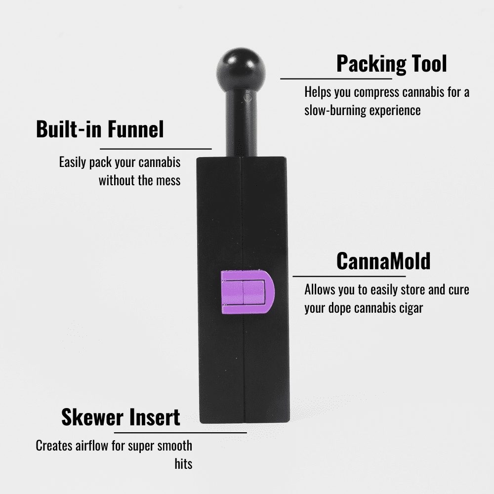 CannaMold allows you to easily store and cure your dope cannabis cigar. Blunt packing tool helps you compress cannabis for a slow-burning experience. Built-in funnel easily packs your cannabis without the mess. Skewer insert creates airflow for super smooth hits.
