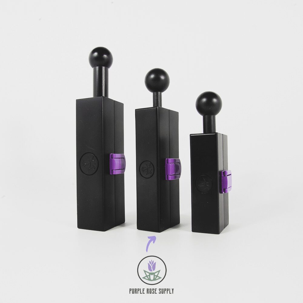 3 Different sizes of Purple Rose Supply cannagar kits. Displayed left to right - the Small fits 3.5-7g of flower, the Personal fits 2-4g of weed, and the Mini cannagar mold rolls up 1g.
