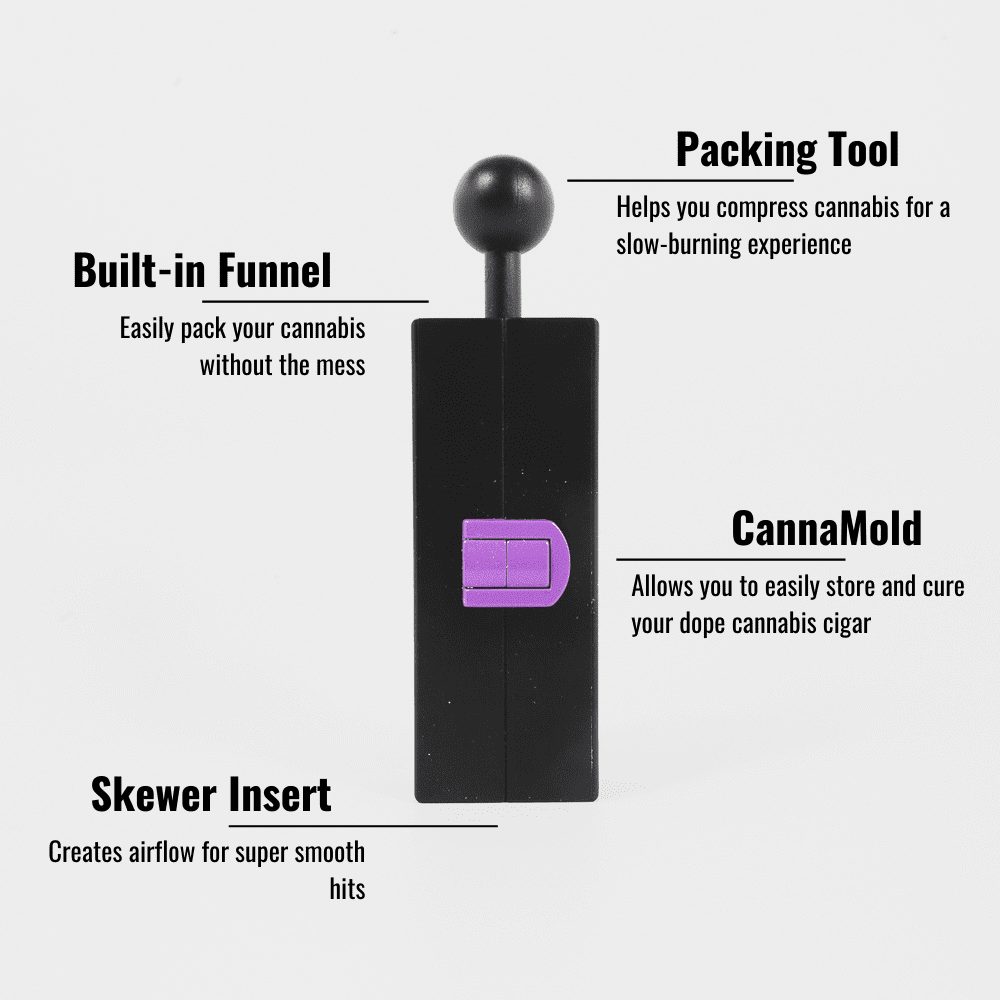 Personal CannaMold allows you to easily store and cure your dope cannabis cigar. Packing tool helps you compress cannabis for a slow-burning experience. Built-in funnel - easily pack your cannabis without the mess. Skewer insert creates airflow for super smooth hits.